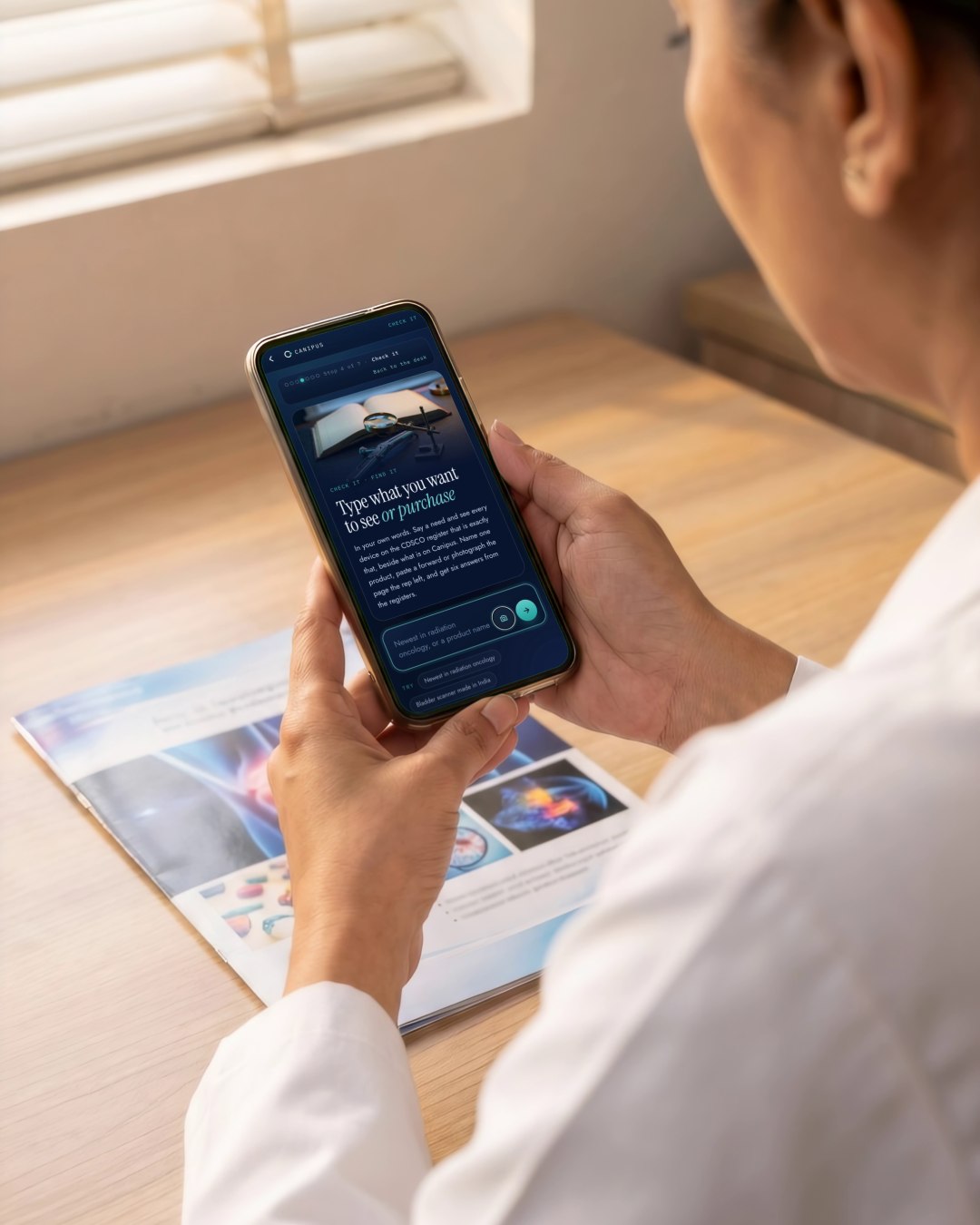 A doctor exploring Canipus on a phone beside a device brochure