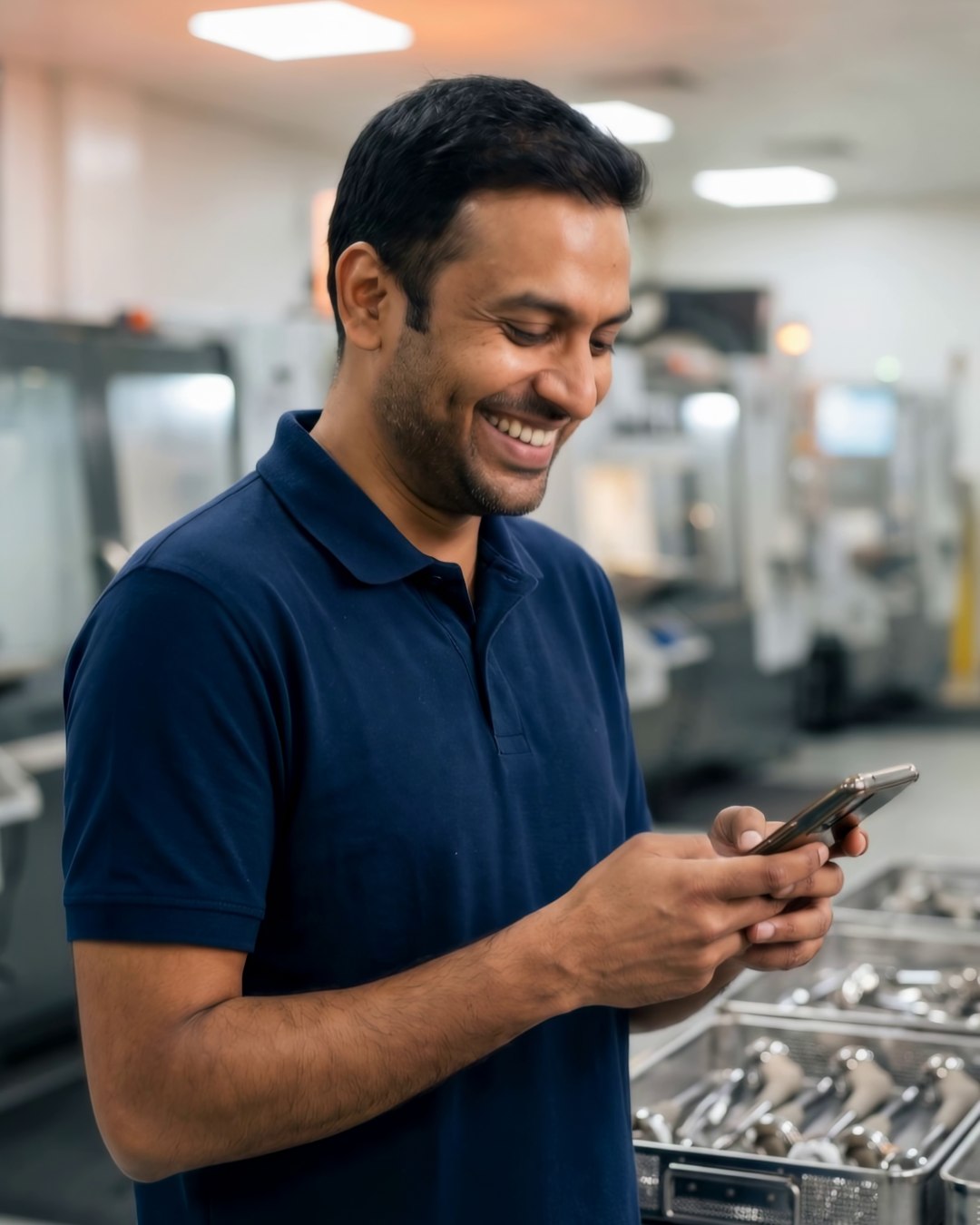 A medical technology company professional using a phone