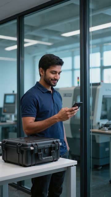 A product specialist reads a message and lifts a demonstration case