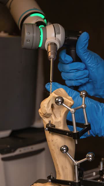 A gloved hand on a surgical robot's handpiece