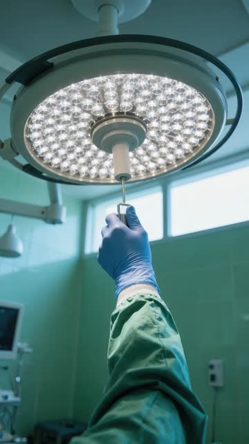 A gloved hand adjusts a surgical light